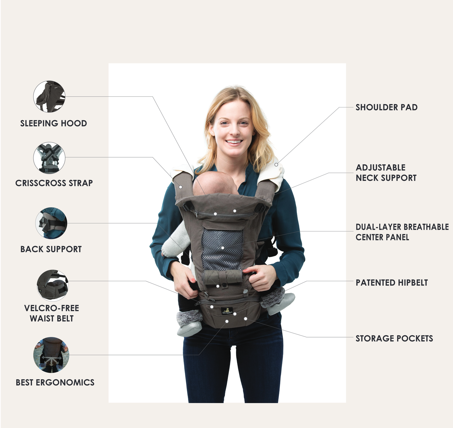 Huggs® Hip Seat Baby Carrier With Patented Hipbelt